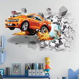 3d fire car wall sticker decal, crack hole fire car wall art decal, removable broken smashed car decoration mural for boys bedroom baby kids nursery room