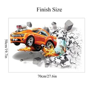 3D Fire Car Wall Sticker Decal, Crack Hole Fire Car Wall Art Decal, Removable Broken Smashed Car Decoration Mural for Boys Bedroom Baby Kids Nursery Room