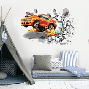 3D Fire Car Wall Sticker Decal, Crack Hole Fire Car Wall Art Decal, Removable Broken Smashed Car Decoration Mural for Boys Bedroom Baby Kids Nursery Room