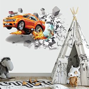 3D Fire Car Wall Sticker Decal, Crack Hole Fire Car Wall Art Decal, Removable Broken Smashed Car Decoration Mural for Boys Bedroom Baby Kids Nursery Room