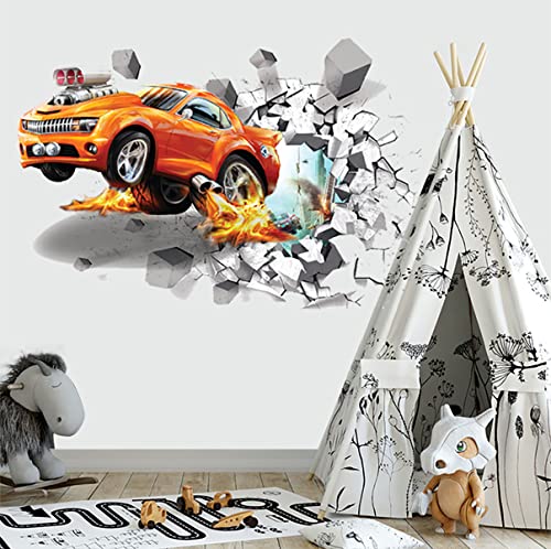 3D Fire Car Wall Sticker Decal, Crack Hole Fire Car Wall Art Decal, Removable Broken Smashed Car Decoration Mural for Boys Bedroom Baby Kids Nursery Room