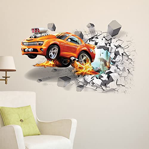 3D Fire Car Wall Sticker Decal, Crack Hole Fire Car Wall Art Decal, Removable Broken Smashed Car Decoration Mural for Boys Bedroom Baby Kids Nursery Room