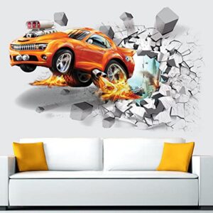 3D Fire Car Wall Sticker Decal, Crack Hole Fire Car Wall Art Decal, Removable Broken Smashed Car Decoration Mural for Boys Bedroom Baby Kids Nursery Room