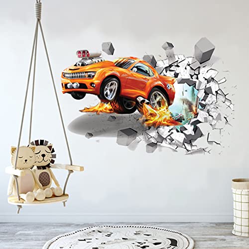 3D Fire Car Wall Sticker Decal, Crack Hole Fire Car Wall Art Decal, Removable Broken Smashed Car Decoration Mural for Boys Bedroom Baby Kids Nursery Room