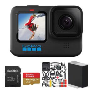 gopro hero10 black (hero 10) - waterproof action camera with front lcd and touch rear screens with 128gb extreme pro card, spare battery, and 50 piece accessory kit - advanced bundle