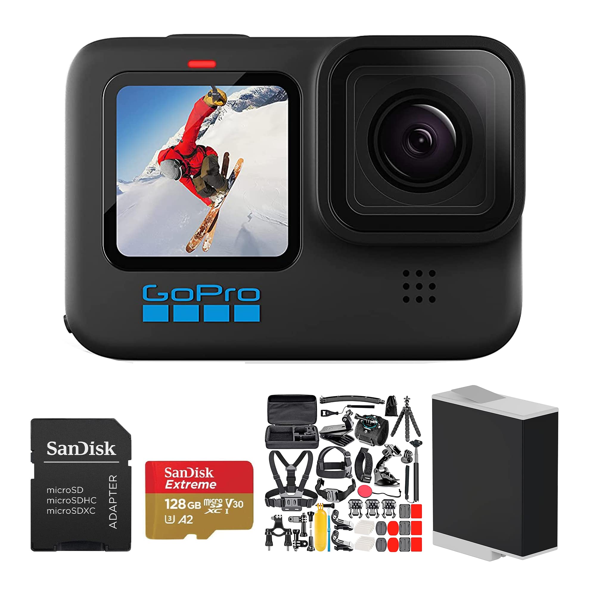 GoPro HERO10 Black (Hero 10) - Waterproof Action Camera with Front LCD and Touch Rear Screens with 128GB Extreme Pro Card, Spare Battery, and 50 Piece Accessory Kit - Advanced Bundle