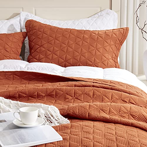 Burnt Orange Queen Size Quilt Bedding Sets-3 Pieces, Lightweight Summer Bedspread/Coverlet-90''x98'', Luxurious Soft 3D Ultrasonic Microfiber Bed Quilt for All Seasons (Includes 1 Quilt,2 Shams)