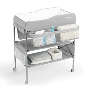 baby changing table portable adjustable changing station for tall, foldable diaper changing tables, easy clean changing table topper, large storage cholena changing station for nursery, light grey
