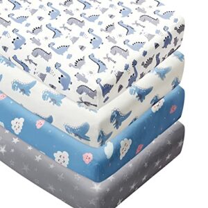 4 pack soft baby boy crib sheets for standard crib mattress dinosaur star cloud soft polyester neutral unisex fitted crib sheets set for baby boys