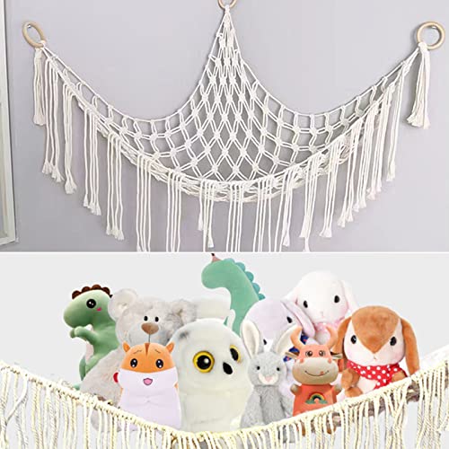 Boho Stuffed Animals Net Or Hammock Large,55 inch Toy Hammock Macrame Stuff Animal Storage Corner Hanging Net Holder,Mesh Hammock Plush Toy Organizer with Tassel & Hooks for Bedroom