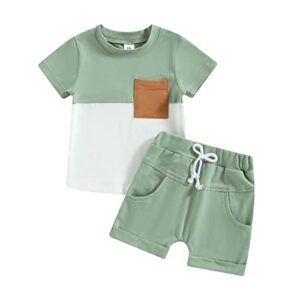 liomengzi infant baby boys summer clothes sets outfits color block short t-shirt elastic striped shorts set toddler clothes (green, 12-18 months)