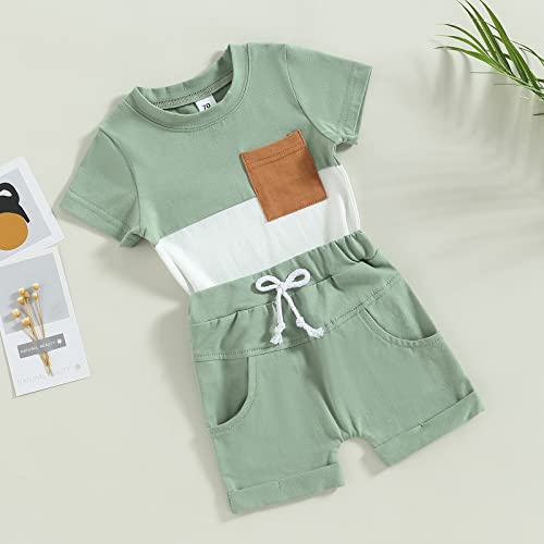 LIOMENGZI Infant Baby Boys Summer Clothes Sets Outfits Color Block Short T-shirt Elastic Striped Shorts Set Toddler Clothes (Green, 12-18 Months)