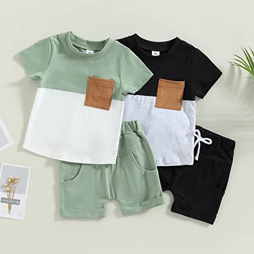 LIOMENGZI Infant Baby Boys Summer Clothes Sets Outfits Color Block Short T-shirt Elastic Striped Shorts Set Toddler Clothes (Green, 12-18 Months)