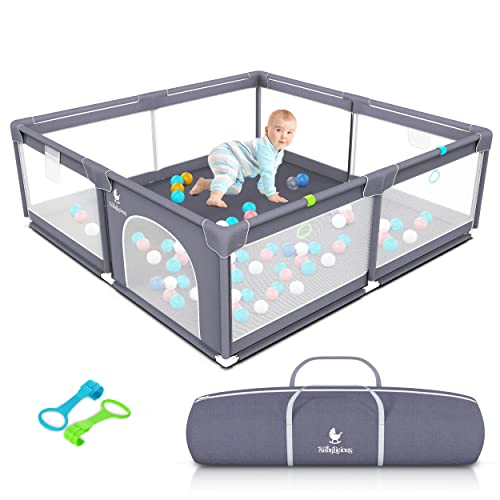 Baby Playpen Mat for Indoor Outdoor Use - Large Play Pen Activity Center for Babies & Toddlers - Durable, Breathable Mesh Foldable Safety Play Yard with Travel Carry Bag - Grey, 50" by 50"