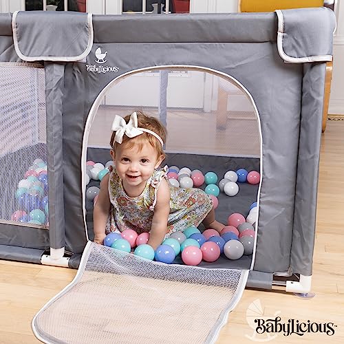 Baby Playpen Mat for Indoor Outdoor Use - Large Play Pen Activity Center for Babies & Toddlers - Durable, Breathable Mesh Foldable Safety Play Yard with Travel Carry Bag - Grey, 50" by 50"