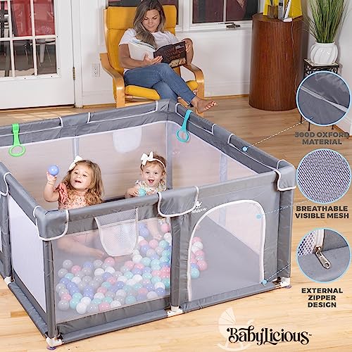 Baby Playpen Mat for Indoor Outdoor Use - Large Play Pen Activity Center for Babies & Toddlers - Durable, Breathable Mesh Foldable Safety Play Yard with Travel Carry Bag - Grey, 50" by 50"