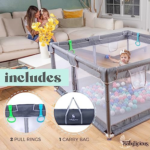 Baby Playpen Mat for Indoor Outdoor Use - Large Play Pen Activity Center for Babies & Toddlers - Durable, Breathable Mesh Foldable Safety Play Yard with Travel Carry Bag - Grey, 50" by 50"