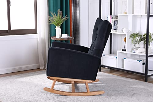 OUYESSIR Rocking Chair Nursery, Upholstered High-Back Glider Chair, Comfortable Rocker Fabric Padded Seat, Modern Leisure Single Accent Arm Chair for Living Room, Hotel, Bedroom (Black)