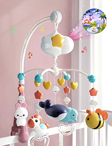 BSROLUNA Baby Crib Mobile with Music and Lights, Baby Mobile for Crib with Animals Projection, Hanging Rotating Animals Rattles, 19 Songs and lullabies, Cartoon Baby Crib Toys for Girls (Baby Pink)