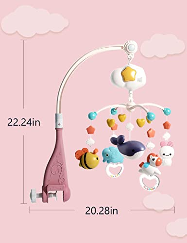 BSROLUNA Baby Crib Mobile with Music and Lights, Baby Mobile for Crib with Animals Projection, Hanging Rotating Animals Rattles, 19 Songs and lullabies, Cartoon Baby Crib Toys for Girls (Baby Pink)