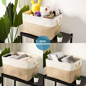 HOdo Home Fabric Storage Bin with Drawstring Closure and 2 Bold Handles, Collapsible Large Canvas Storage Baskets for Organizing Shelf Nursery Home (White and Yellow, 15.8L×11.8W×9.5H - 4Pack)