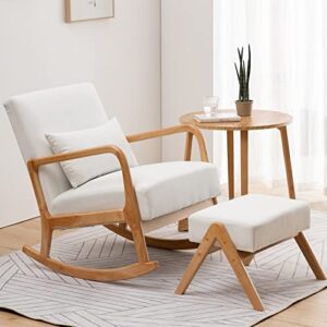 icoget rocking chair nursery with ottoman, accent living room chair, glider chair w/solid woods base, comfortable thickened upholstered lounge chair, modern rocker armchair, white
