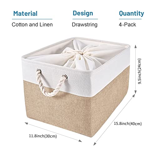 HOdo Home Fabric Storage Bin with Drawstring Closure and 2 Bold Handles, Collapsible Large Canvas Storage Baskets for Organizing Shelf Nursery Home (White and Yellow, 15.8L×11.8W×9.5H - 4Pack)