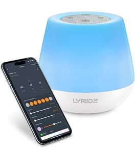 lyridz baby sound machine night light, white noise machine for sleeping, toddler sleep trainer with 24 soothing sounds, time-to-rise, portable, 32 lighting effects diy colors, app & voice control