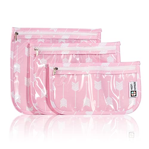 HIONXMGA TSA Approved Toiletry Bag,Set of 3 Clear Diaper Bag Organizing Pouches Waterproof Quart Size Travel Pouch Set,Multi-purpose Diaper Organizer for Mom Baby Stuff,Arrow Pink