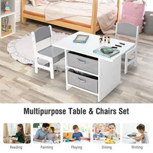 TUOCHUFUN Toddler Table and Chair Set, Wooden Kids Table and Chairs with Storage Baskets Puzzle, Activity Table Playset Furniture with Modern Gray Colors