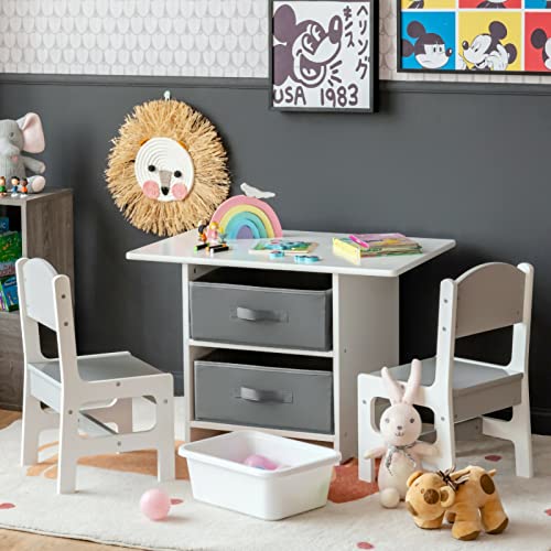 TUOCHUFUN Toddler Table and Chair Set, Wooden Kids Table and Chairs with Storage Baskets Puzzle, Activity Table Playset Furniture with Modern Gray Colors