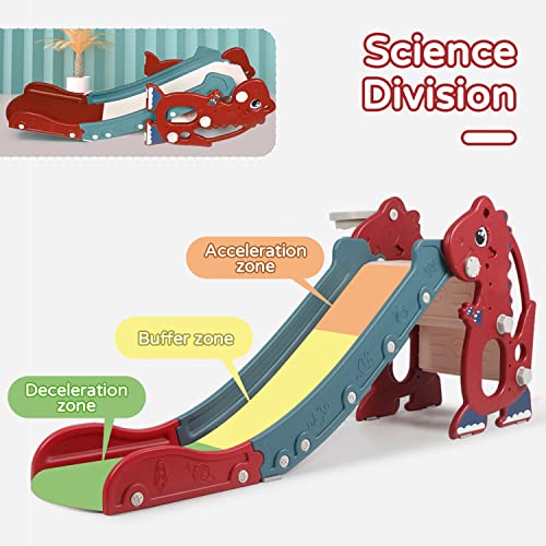 Sephyroth Kid Slide for Toddler Age 1-3 Indoor Plastic Slide Outdoor Playground Climber Slide Playset with Basketball Hoop & Ring Game (Dinosaur Red)
