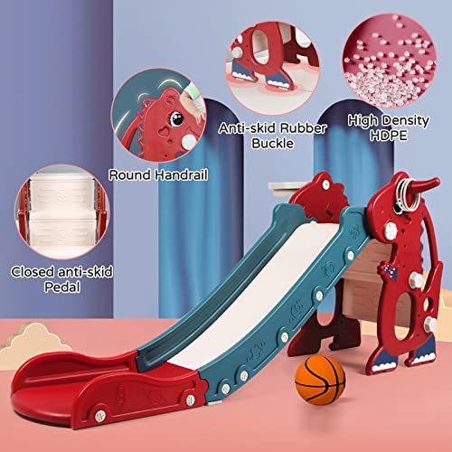 Sephyroth Kid Slide for Toddler Age 1-3 Indoor Plastic Slide Outdoor Playground Climber Slide Playset with Basketball Hoop & Ring Game (Dinosaur Red)