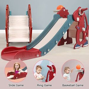 Sephyroth Kid Slide for Toddler Age 1-3 Indoor Plastic Slide Outdoor Playground Climber Slide Playset with Basketball Hoop & Ring Game (Dinosaur Red)