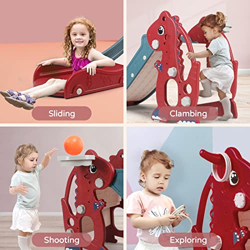 Sephyroth Kid Slide for Toddler Age 1-3 Indoor Plastic Slide Outdoor Playground Climber Slide Playset with Basketball Hoop & Ring Game (Dinosaur Red)