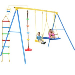 plohee swing sets for backyard, 550lbs heavy-duty kid swing set with two swing seats, climbing rope, climbing ladder for outdoor playground ages 3-9 (yellow&blue)