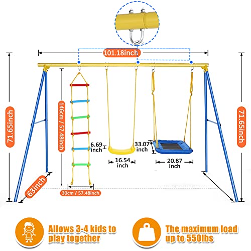 Plohee Swing Sets for Backyard, 550lbs Heavy-Duty Kid Swing Set with Two Swing Seats, Climbing Rope, Climbing Ladder for Outdoor Playground Ages 3-9 (Yellow&Blue)