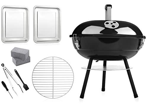 14inches Portable Outdoor Charcoal Grill Set of 9, Leonyo Small BBQ Charcoal Grill, Tabletop Mini Grill for Camping, Barbecue Grill Cooking Kit with Extra Grill Grate, Cleaning Bricks, Grill Trays