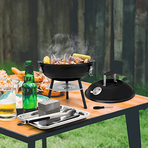 14inches Portable Outdoor Charcoal Grill Set of 9, Leonyo Small BBQ Charcoal Grill, Tabletop Mini Grill for Camping, Barbecue Grill Cooking Kit with Extra Grill Grate, Cleaning Bricks, Grill Trays