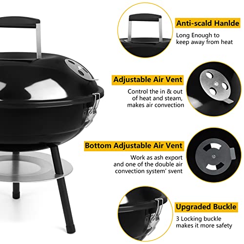 14inches Portable Outdoor Charcoal Grill Set of 9, Leonyo Small BBQ Charcoal Grill, Tabletop Mini Grill for Camping, Barbecue Grill Cooking Kit with Extra Grill Grate, Cleaning Bricks, Grill Trays