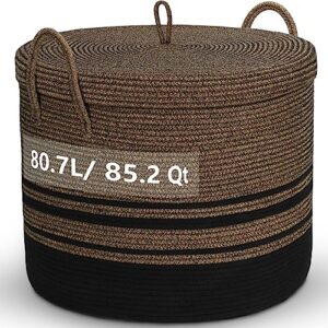 graciadeco large decorative blanket basket with lid 85.2 qt hand-woven cotton rope baskets for storage throw pillow xxl round floor basket black-brown
