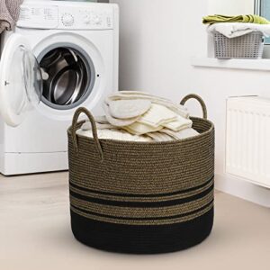 Graciadeco Large Decorative Blanket Basket with Lid 85.2 Qt Hand-Woven Cotton Rope Baskets for Storage Throw Pillow XXL Round Floor Basket Black-Brown