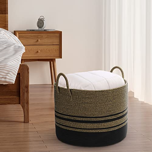 Graciadeco Large Decorative Blanket Basket with Lid 85.2 Qt Hand-Woven Cotton Rope Baskets for Storage Throw Pillow XXL Round Floor Basket Black-Brown