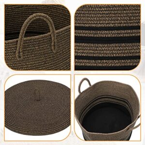 Graciadeco Large Decorative Blanket Basket with Lid 85.2 Qt Hand-Woven Cotton Rope Baskets for Storage Throw Pillow XXL Round Floor Basket Black-Brown