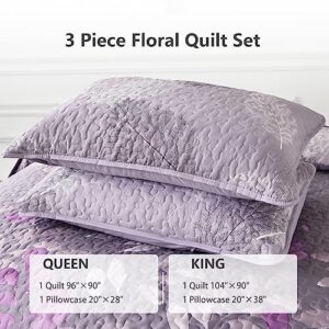 Purple Floral Quilt Set King Size, 3 Pieces Botancal Leaves Bedspread Coverlet Set with 2 Pillowcases for All Season, Soft Microfiber Floral Bedding Set 104"×90"