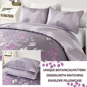 Purple Floral Quilt Set King Size, 3 Pieces Botancal Leaves Bedspread Coverlet Set with 2 Pillowcases for All Season, Soft Microfiber Floral Bedding Set 104"×90"