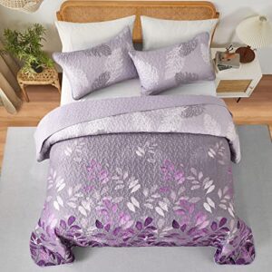 Purple Floral Quilt Set King Size, 3 Pieces Botancal Leaves Bedspread Coverlet Set with 2 Pillowcases for All Season, Soft Microfiber Floral Bedding Set 104"×90"