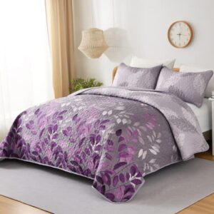 Purple Floral Quilt Set King Size, 3 Pieces Botancal Leaves Bedspread Coverlet Set with 2 Pillowcases for All Season, Soft Microfiber Floral Bedding Set 104"×90"