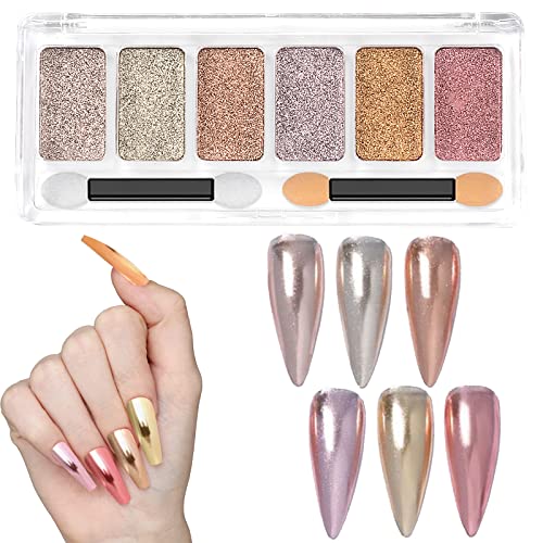 6Colors Chrome Nail Powder, Metallic Holographic Mirror Nail Art Powder , Gold Rose Pink Nail Pigment Glitter Powder with 2PCS Eyeshadow Sticks for Gel Nails Salon DIY Nail Art Supplies (Gold)