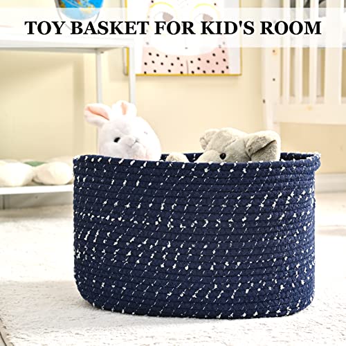 HOMHOLDON Cotton Rope Storage Baskets for Organizing, 15"x10"x9" Set of 1 Woven Basket for Storage, Shelf Basket Cube Storage Bins for Bathroom,Bedroom,Living Room,Laundry,Nursery Room,Clothes,Towels,Toys,Blanket(Spotted Blue)